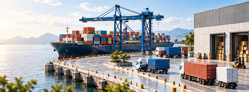 Illustrative port and warehouse operating context with unbranded transport assets.