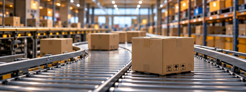 Illustrative cartons on a warehouse conveyor representing the product and outlet network served by supply.