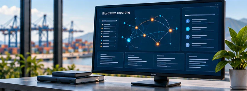 Illustrative management information monitor with abstract location relationships and neutral records; no geographic coverage or live tracking.