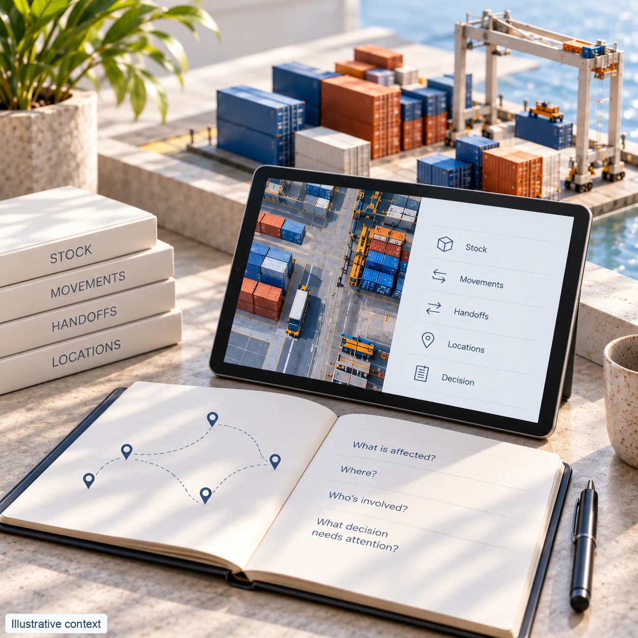 Illustrative stock and movement notebook, tablet and miniature container terminal; the notebook connects abstract locations and asks what is affected and which decision needs attention.