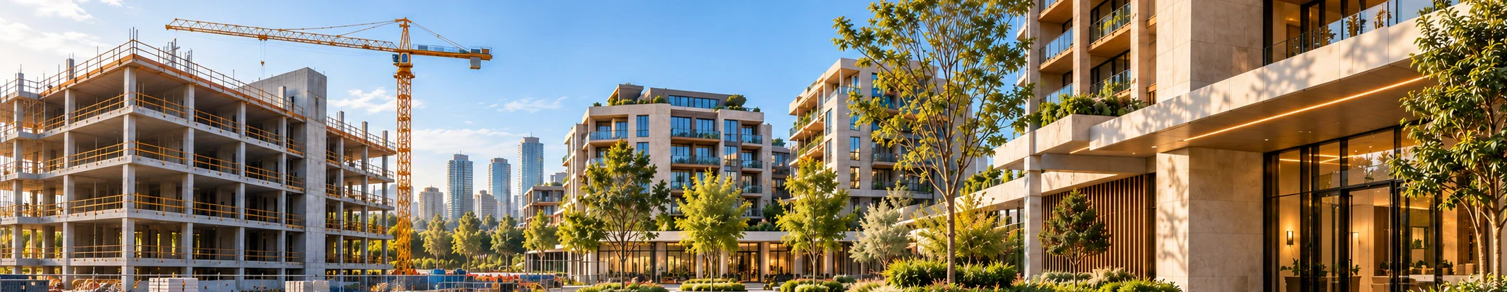 Illustrative urban plaza connecting unfinished construction with an existing glazed operating property.