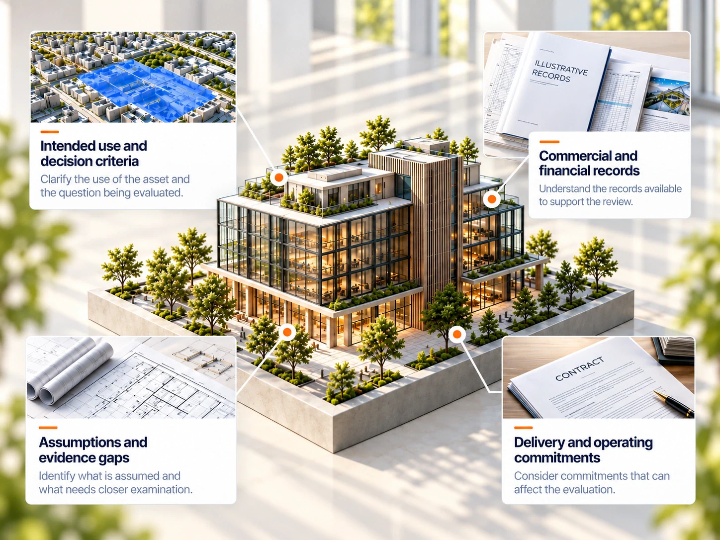 Intended use, commercial records, evidence gaps and delivery commitments connect independently to an illustrative property model. Documents and map are generic illustrations.
