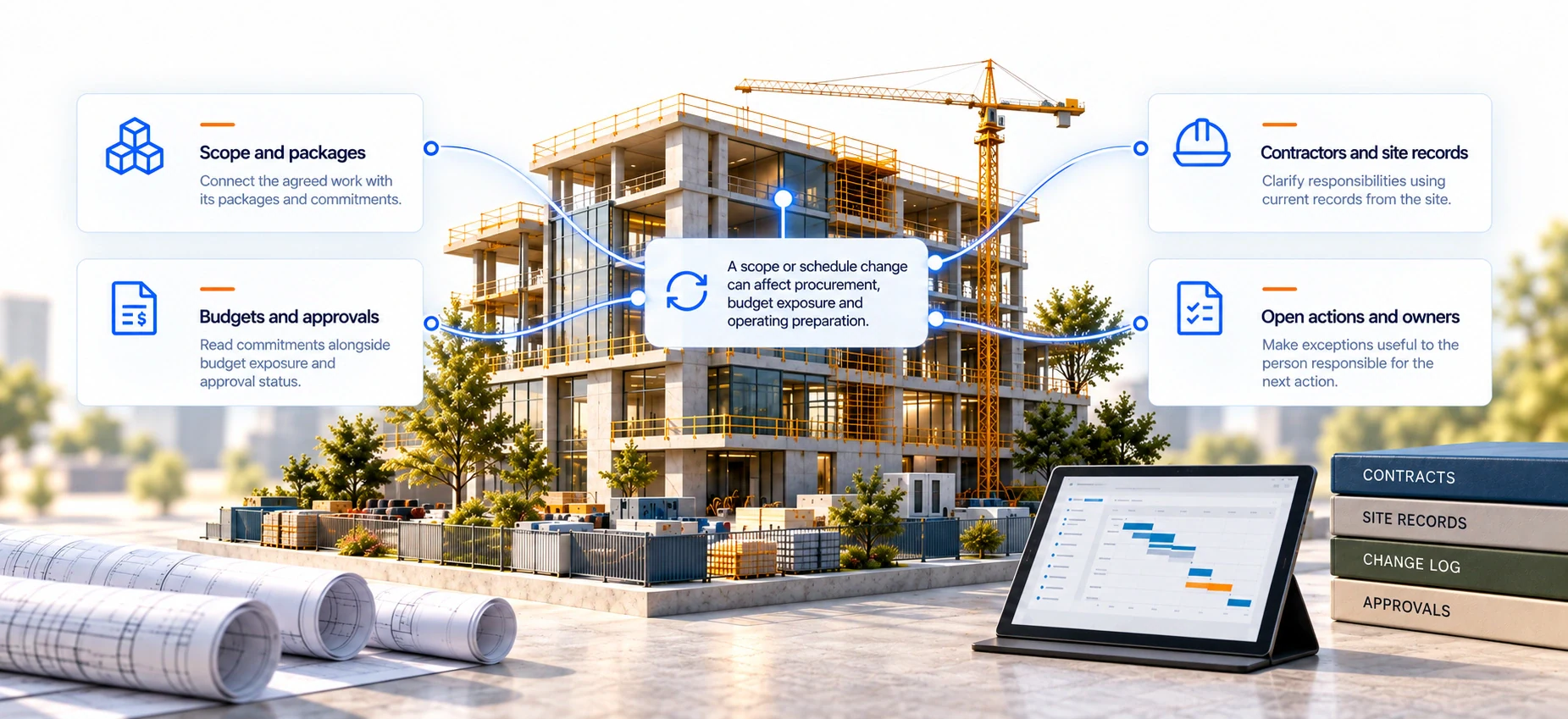 Scope and packages, budgets and approvals, contractor site records, and open actions with owners connect independently to a construction asset. A change may affect procurement, budget exposure and operating preparation.