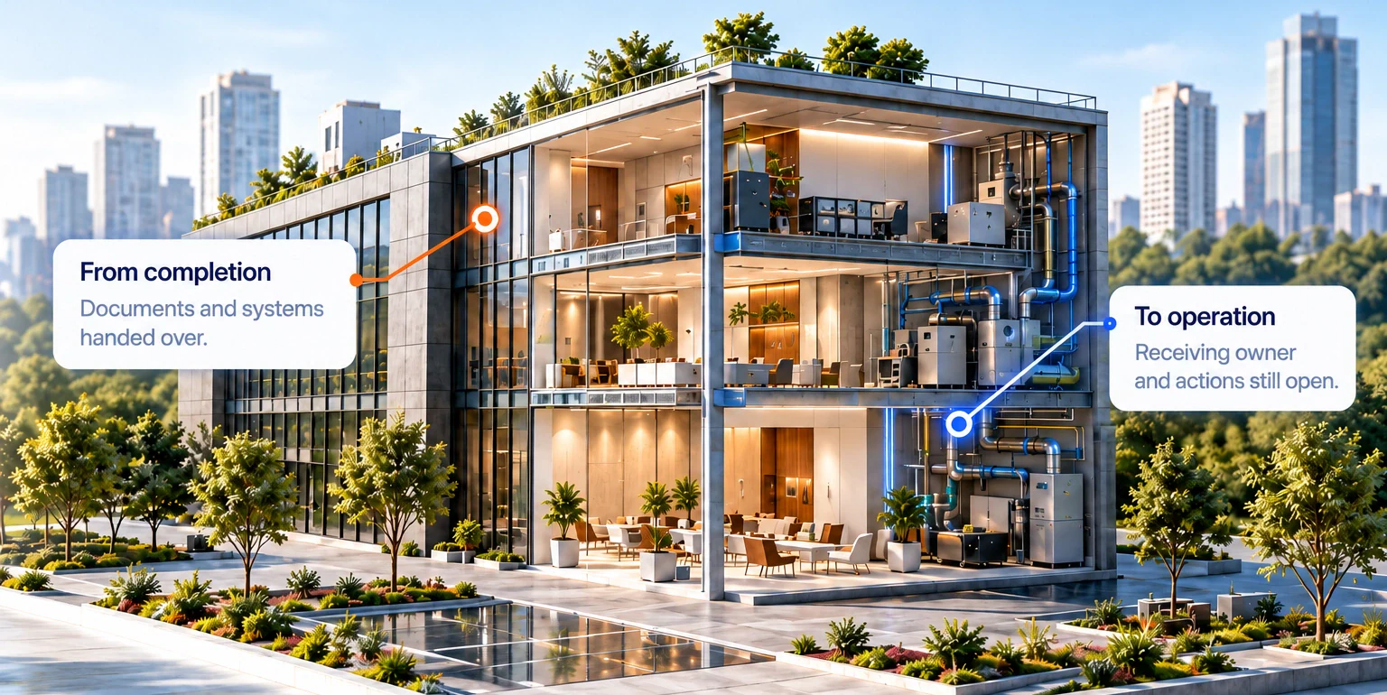 A cutaway property connects physical completion, documents and systems handed over with a receiving operating owner while actions remain open.