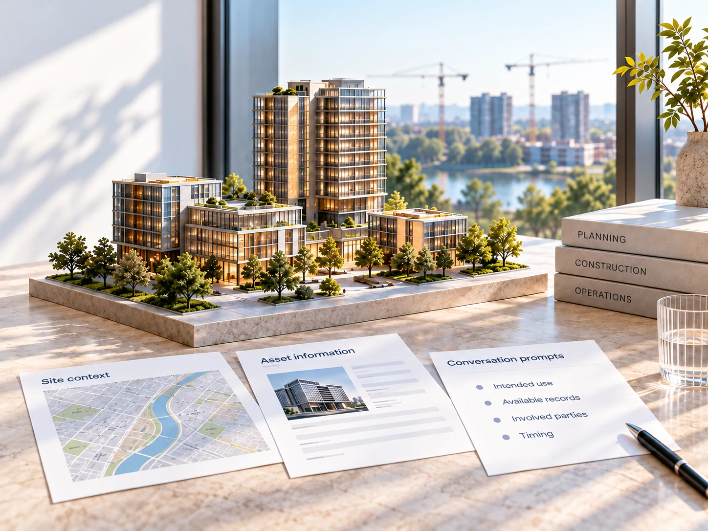 Illustrative property model, generic site map, asset records and optional conversation prompts on a sunlit table.