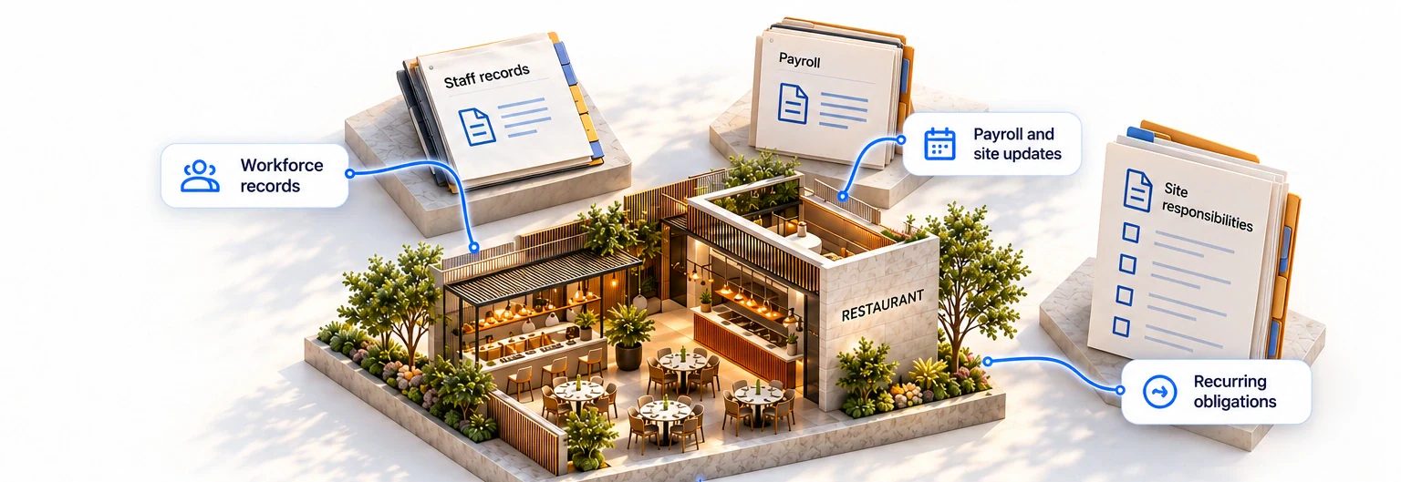Workforce records, payroll and site updates, and recurring obligations connect to the location and four record tests: availability, currentness, ownership and information use.