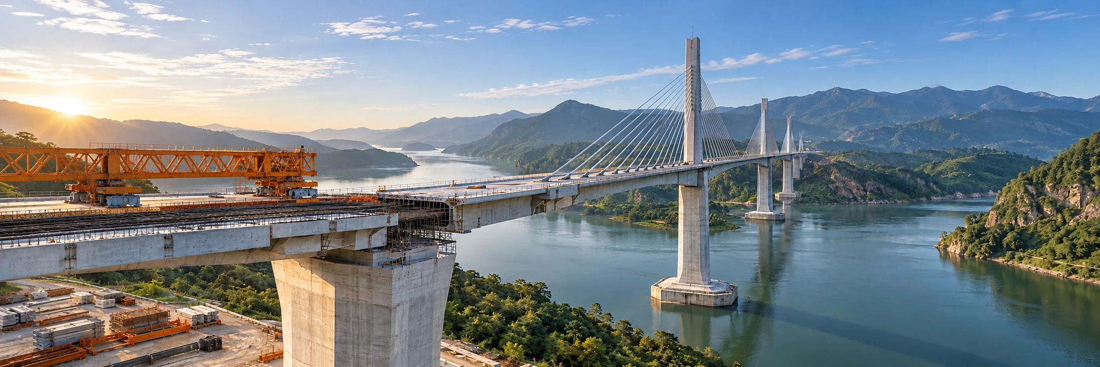 Illustrative transport infrastructure project: a cable-stayed bridge spans a river, with an orange launching gantry and ongoing deck construction