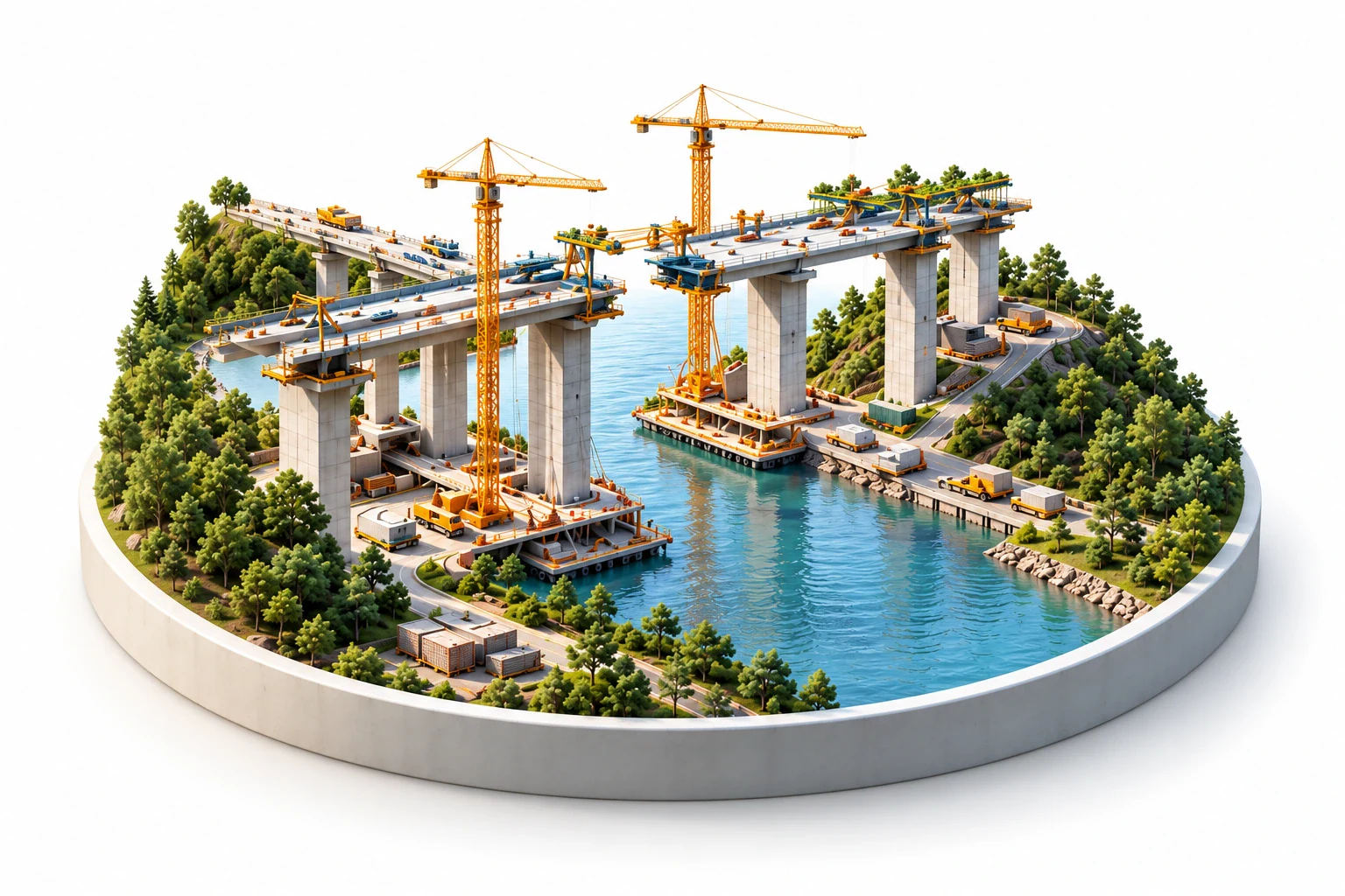 Illustrative bridge construction environment bringing structural work, site resources and supply activity into one project context